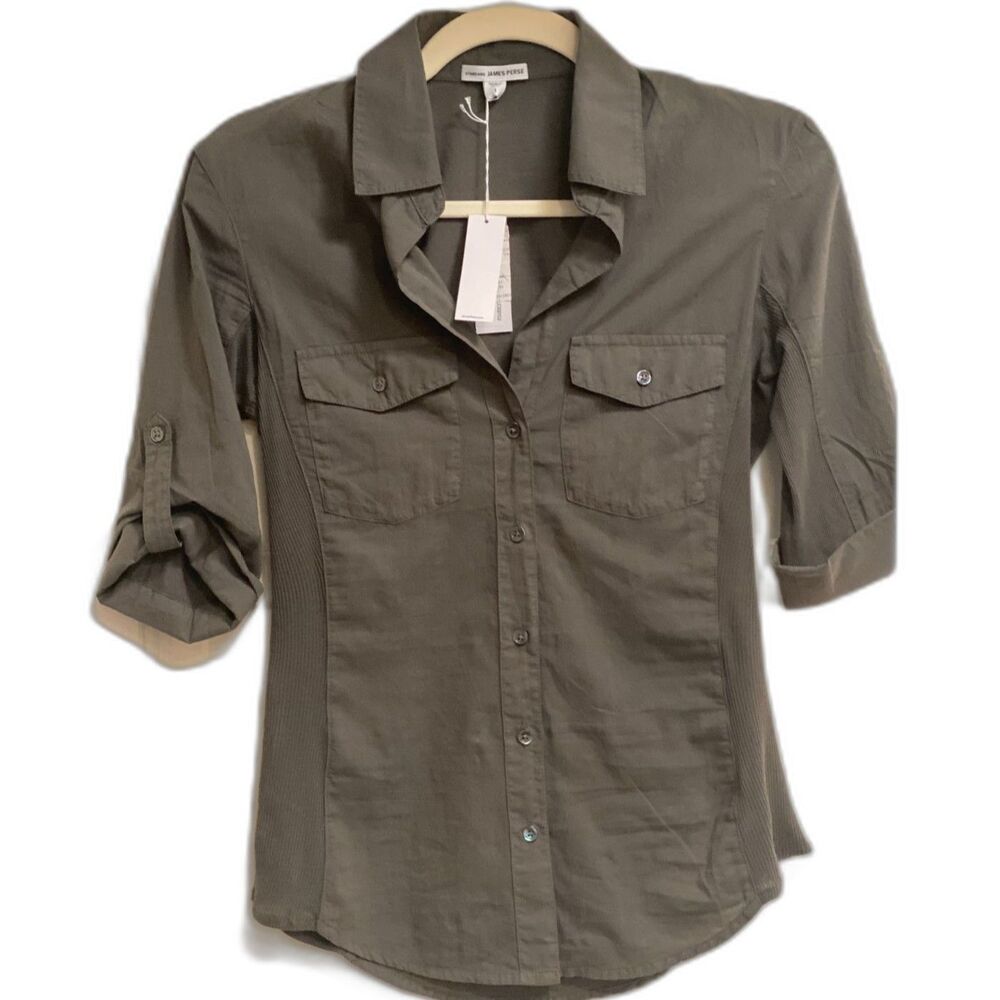 NWT James Perse Sheer Slub Side Panel Button Up Shirt Army Green Palm 1 S $145